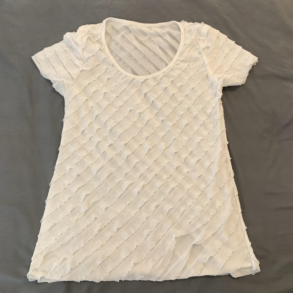 White Mesh Ruffle Shirt Womens Small Sheer Striped Short Sleeve Tunic Top